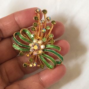 Green Ribbon and Flower Brooch With Rhinestones